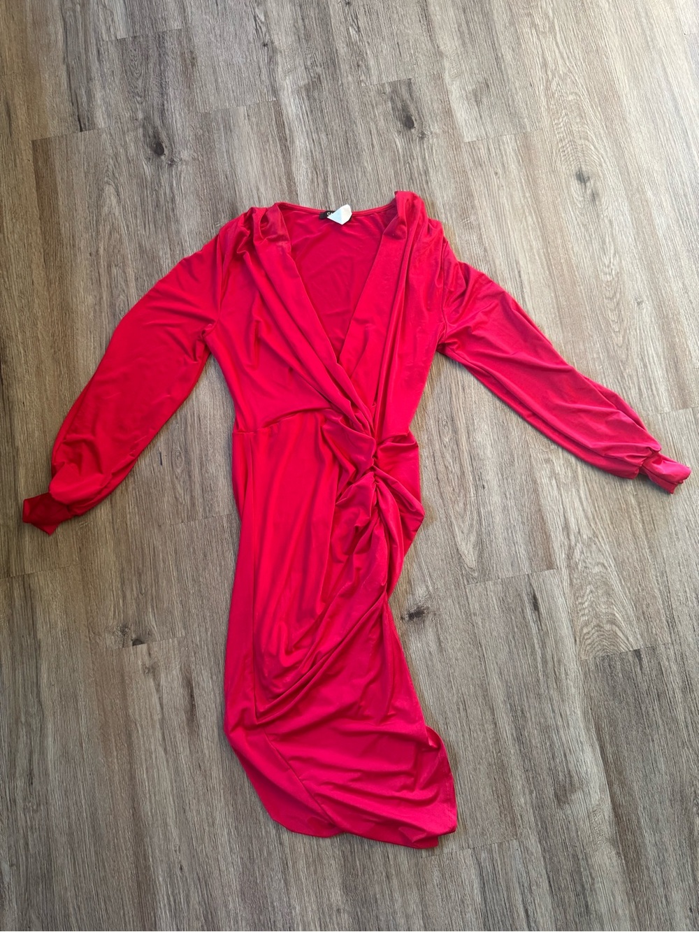 Red Long-Sleeve Knot-Detail Wrap Dress